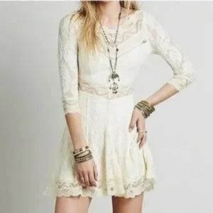 Free People, Cream color lace V neckline dress Lacey Affair